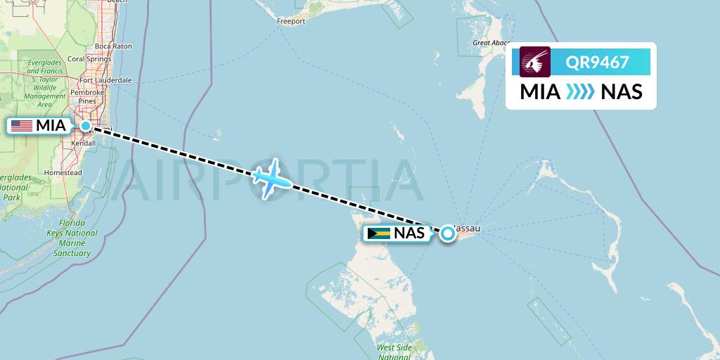 QR9467 Qatar Airways Flight Map: Miami to Nassau