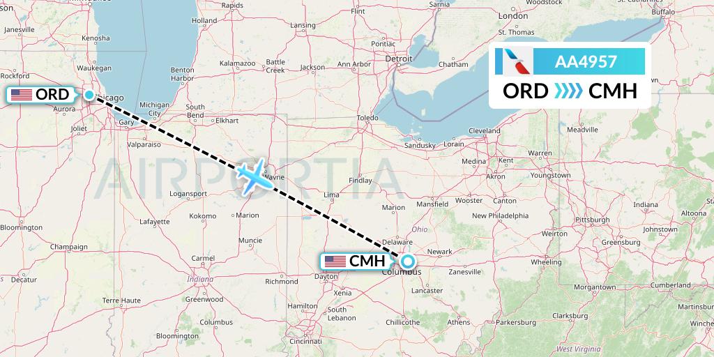 AA4957 American Airlines Flight Map: Chicago to Columbus