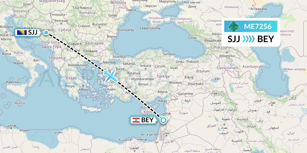 ME7256 MEA Flight Map: Sarajevo to Beirut