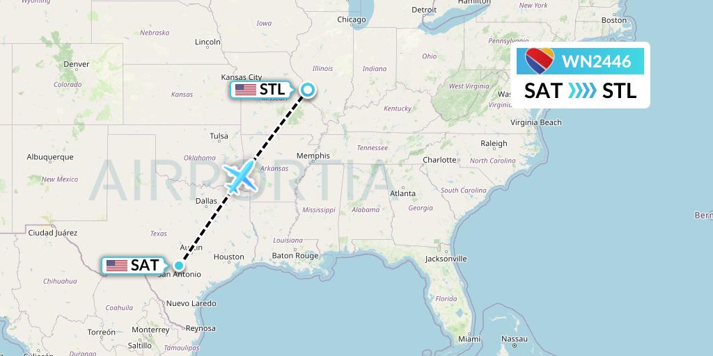 WN2446 Southwest Airlines Flight Map: San Antonio to St. Louis