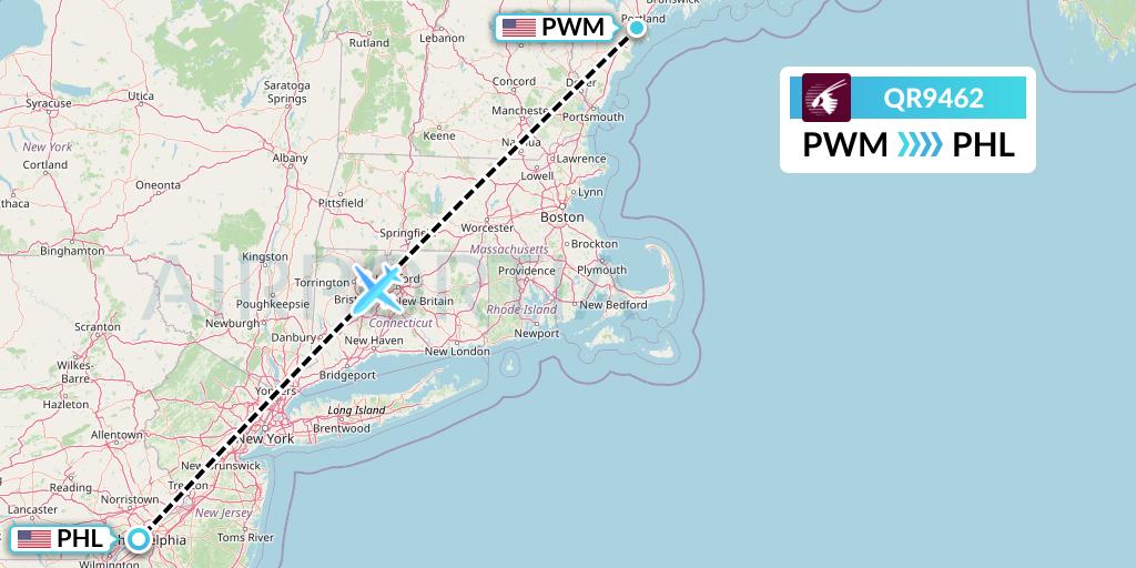 QR9462 Qatar Airways Flight Map: Portland to Philadelphia