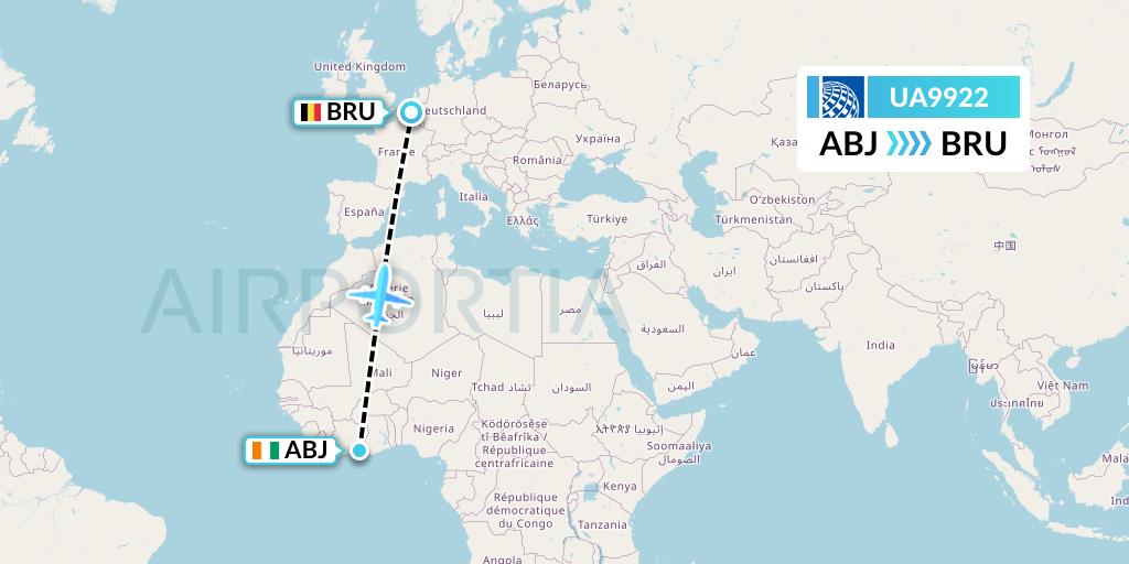 UA9922 United Airlines Flight Map: Abidjan to Brussels