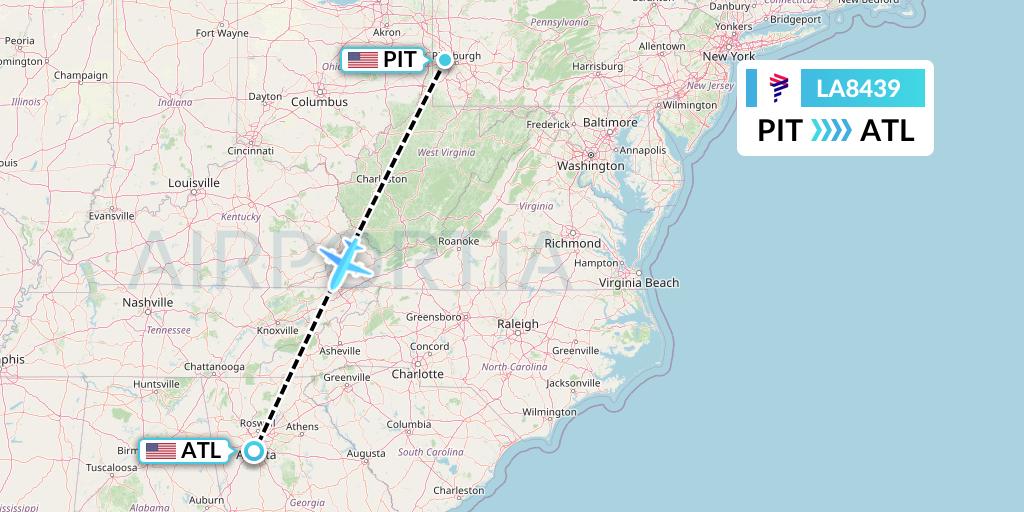 LA8439 LAN Airlines Flight Map: Pittsburgh to Atlanta
