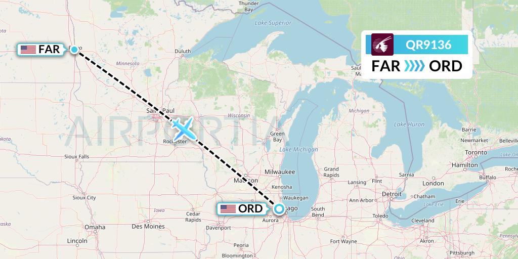QR9136 Qatar Airways Flight Map: Fargo to Chicago