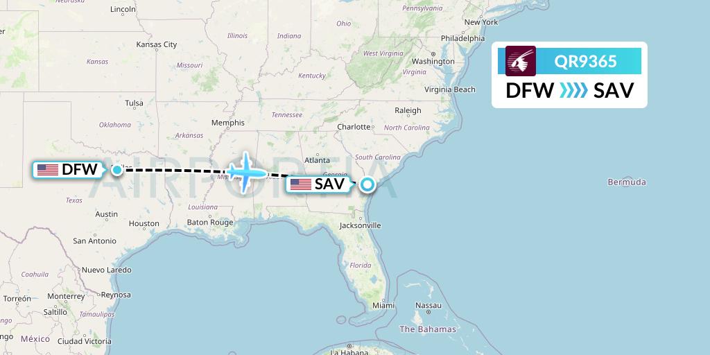 QR9365 Qatar Airways Flight Map: Dallas to Savannah