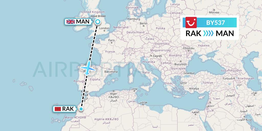BY537 TUI Airways Flight Map: Marrakesh to Manchester