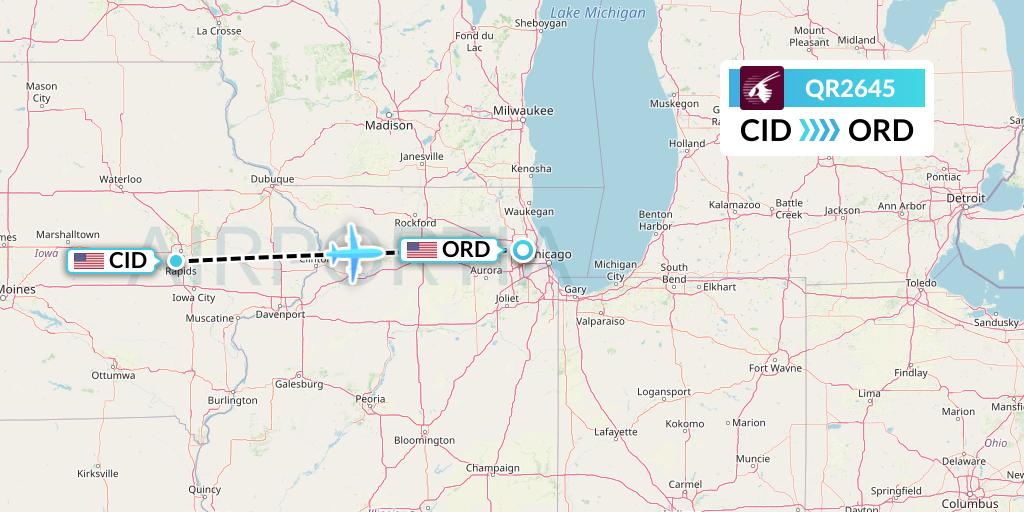 QR2645 Qatar Airways Flight Map: Cedar Rapids to Chicago