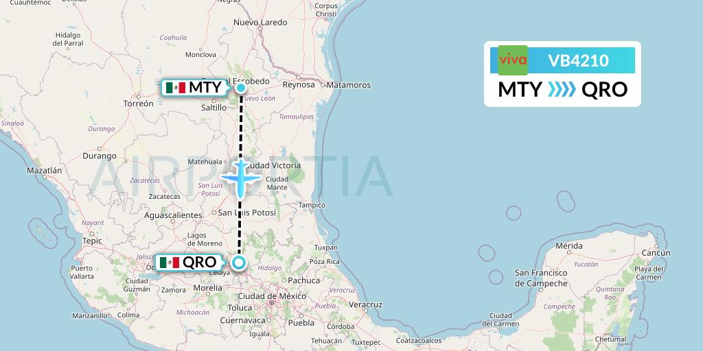 VB4210 VivaAerobus Flight Map: Monterrey to Queretaro