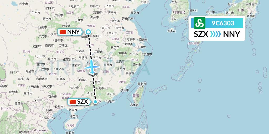 9C6303 Spring Airlines Flight Map: Shenzhen to Nanyang