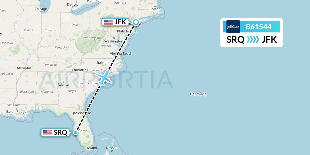 B61544 JetBlue Airways Flight Map: Sarasota to New York
