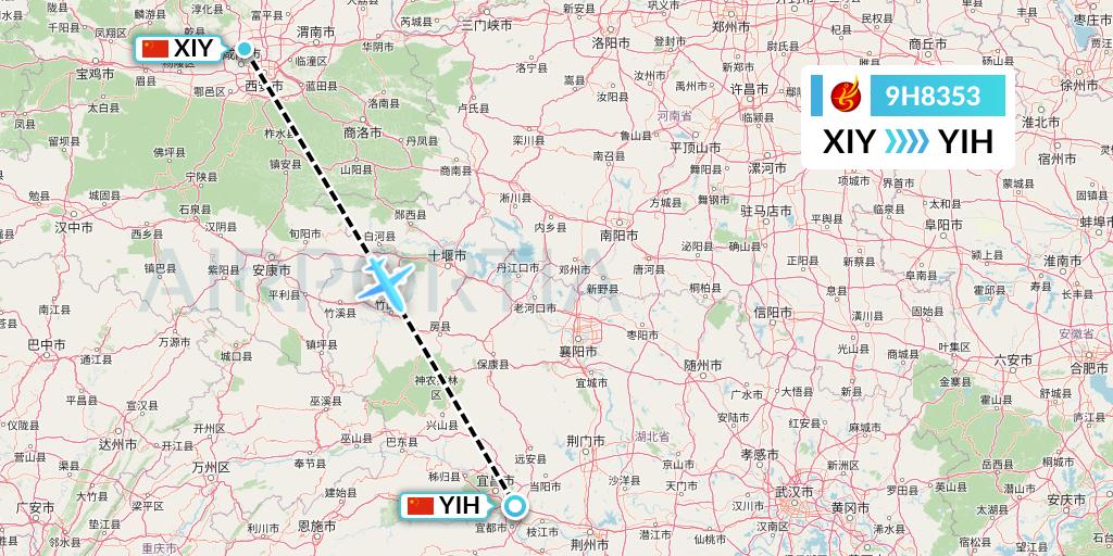 9H8353 Air Changan Flight Map: Xi'an to Yichang