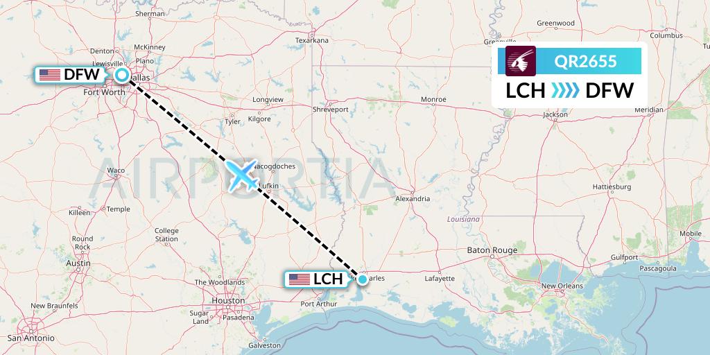 QR2655 Qatar Airways Flight Map: Lake Charles to Dallas