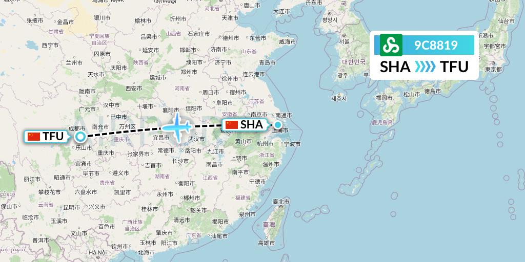 9C8819 Spring Airlines Flight Map: Shanghai to Chengdu