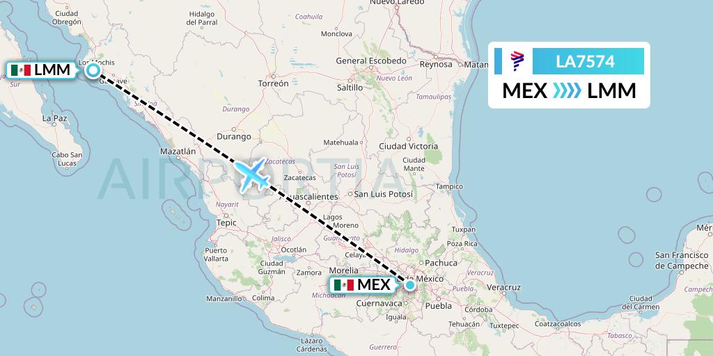 LA7574 LAN Airlines Flight Map: Mexico City to Los Mochis