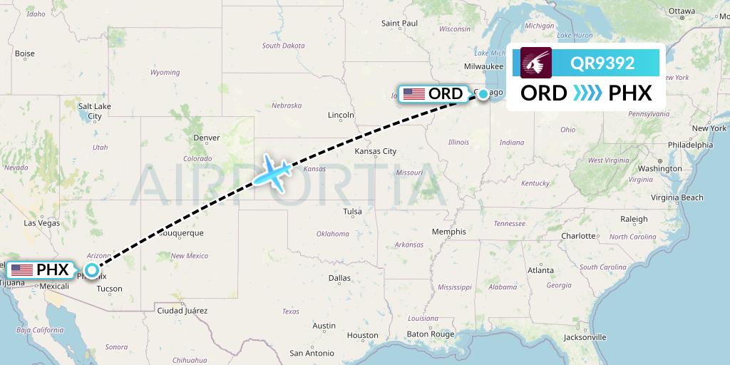 QR9392 Qatar Airways Flight Map: Chicago to Phoenix