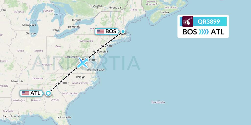 QR3899 Qatar Airways Flight Map: Boston to Atlanta
