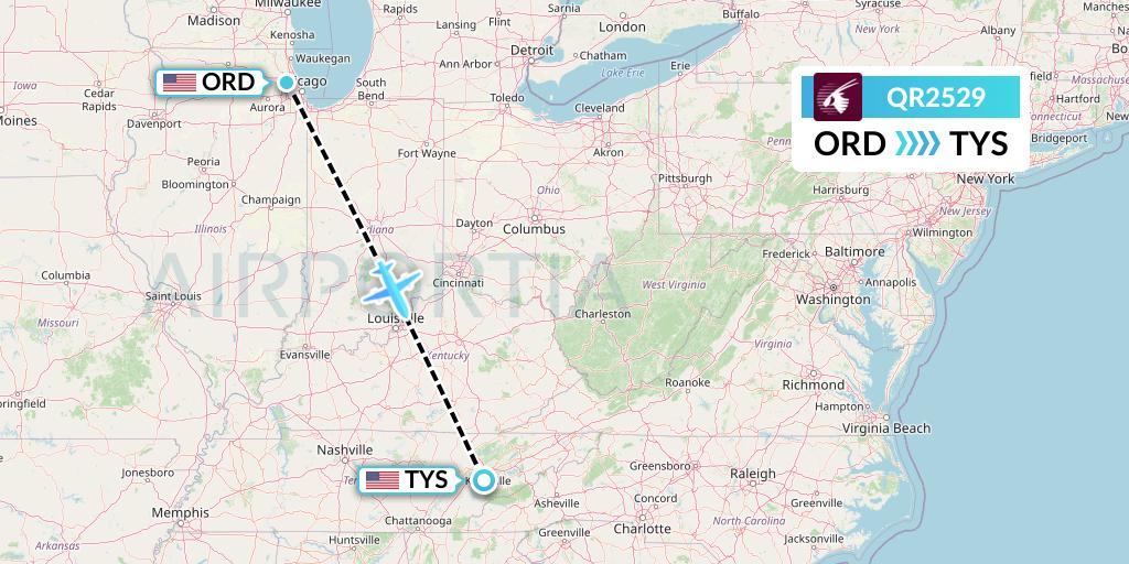 QR2529 Qatar Airways Flight Map: Chicago to Knoxville