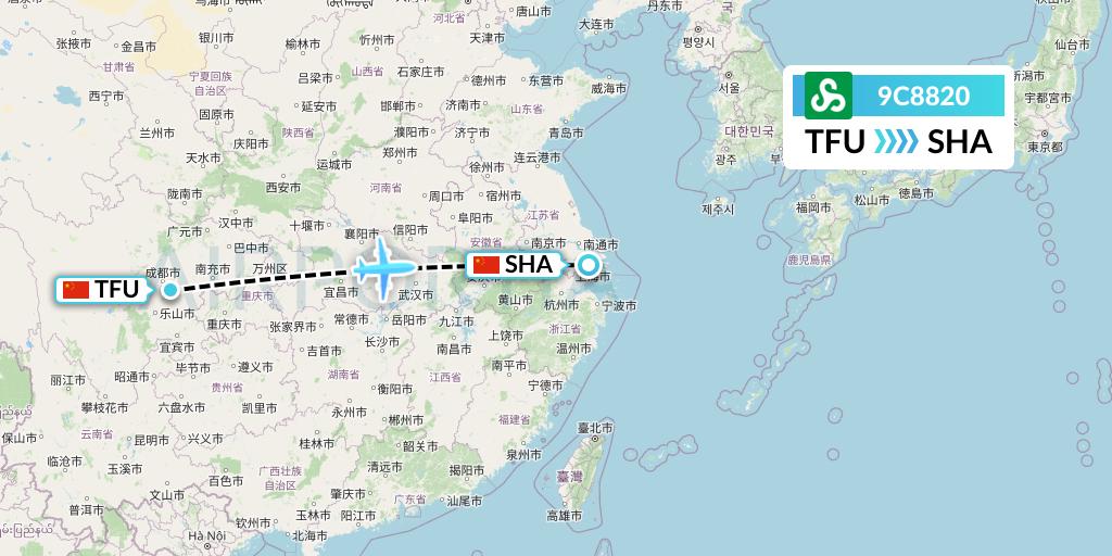9C8820 Spring Airlines Flight Map: Chengdu to Shanghai