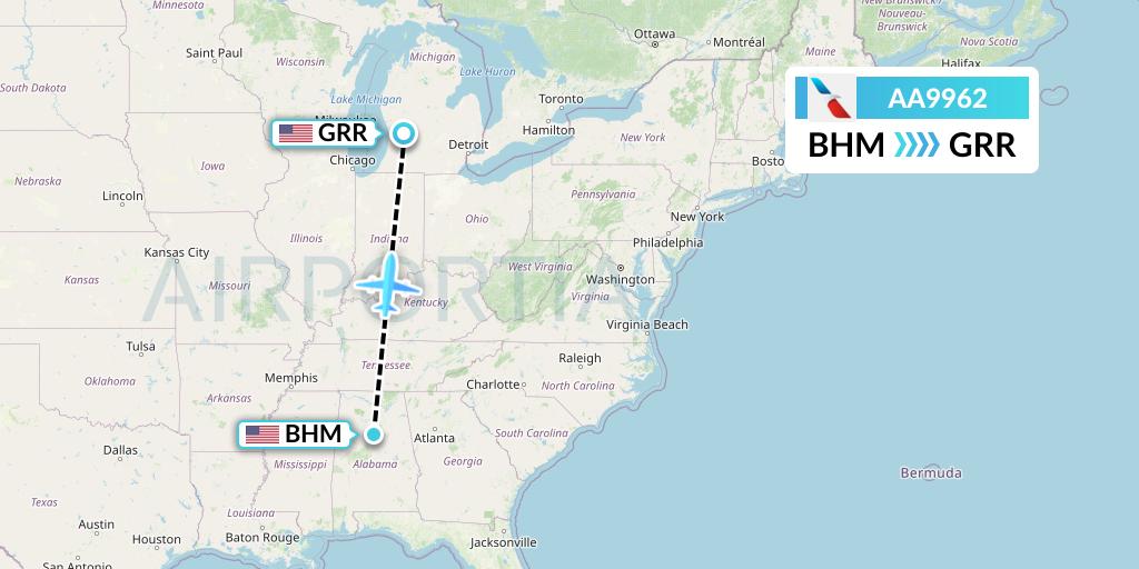 AA9962 American Airlines Flight Map: Birmingham to Grand Rapids