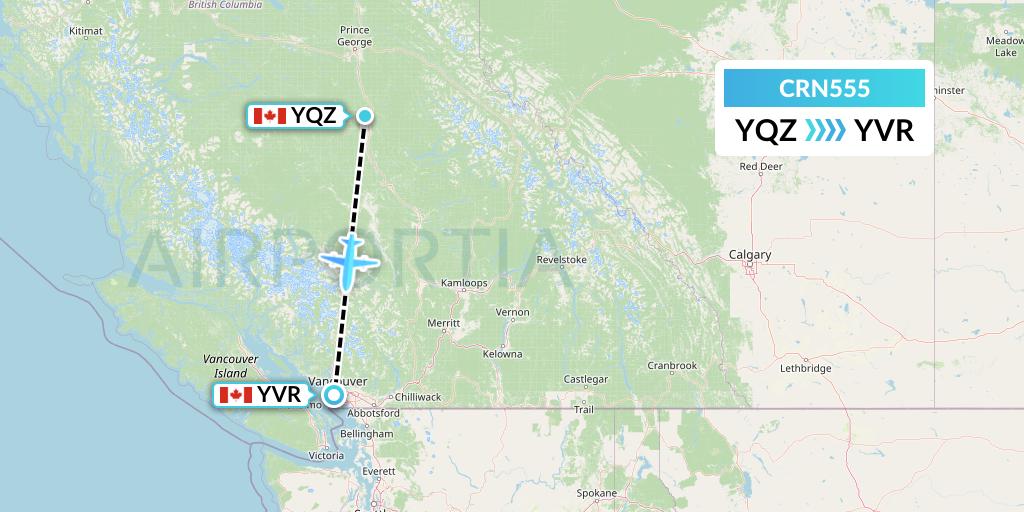 CRN555 Aerocaribbean Flight Map: Quesnel to Vancouver