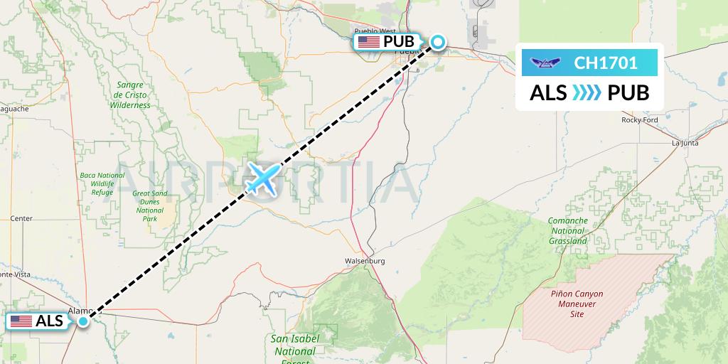 CH1701 Bemidji Airlines Flight Map: Alamosa to Pueblo