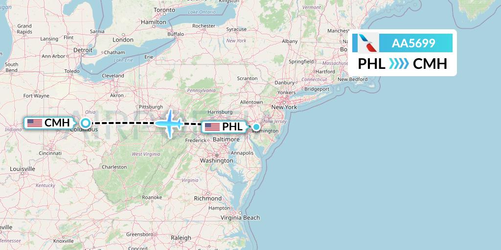 AA5699 American Airlines Flight Map: Philadelphia to Columbus