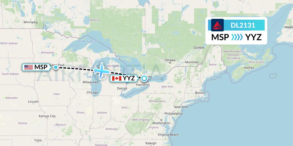 DL2131 Delta Air Lines Flight Map: Minneapolis to Toronto
