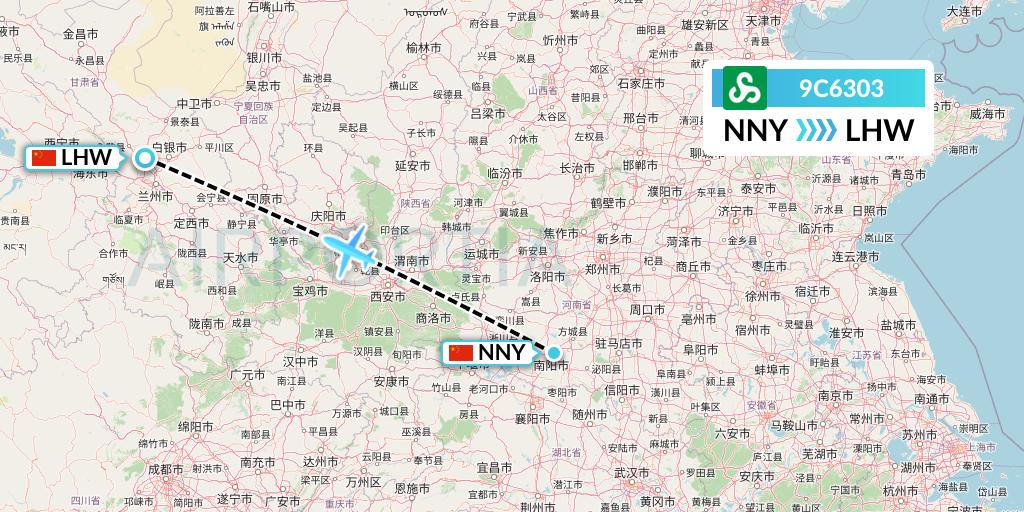 9C6303 Spring Airlines Flight Map: Nanyang to Lanzhou