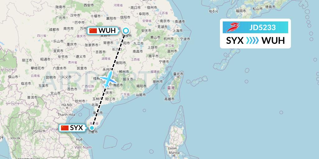 JD5233 Capital Airlines Flight Map: Sanya to Wuhan