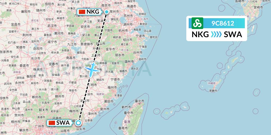 9C8612 Spring Airlines Flight Map: Nanjing to Jieyang