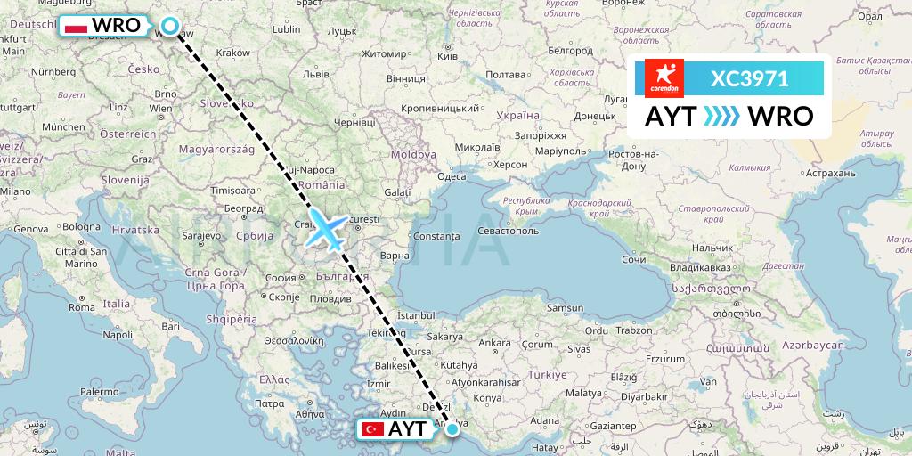 XC3971 Corendon Airlines Flight Map: Antalya to Wroclaw