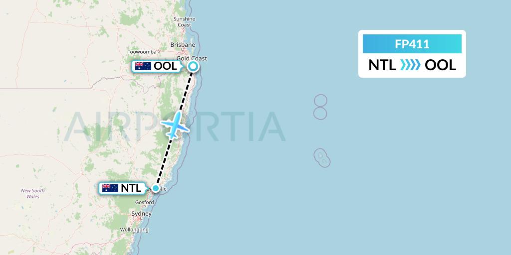 FP411 FlyPelican Flight Map: Newcastle to Gold Coast