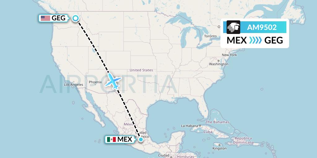 AM9502 Aeromexico Flight Map: Mexico City to Spokane