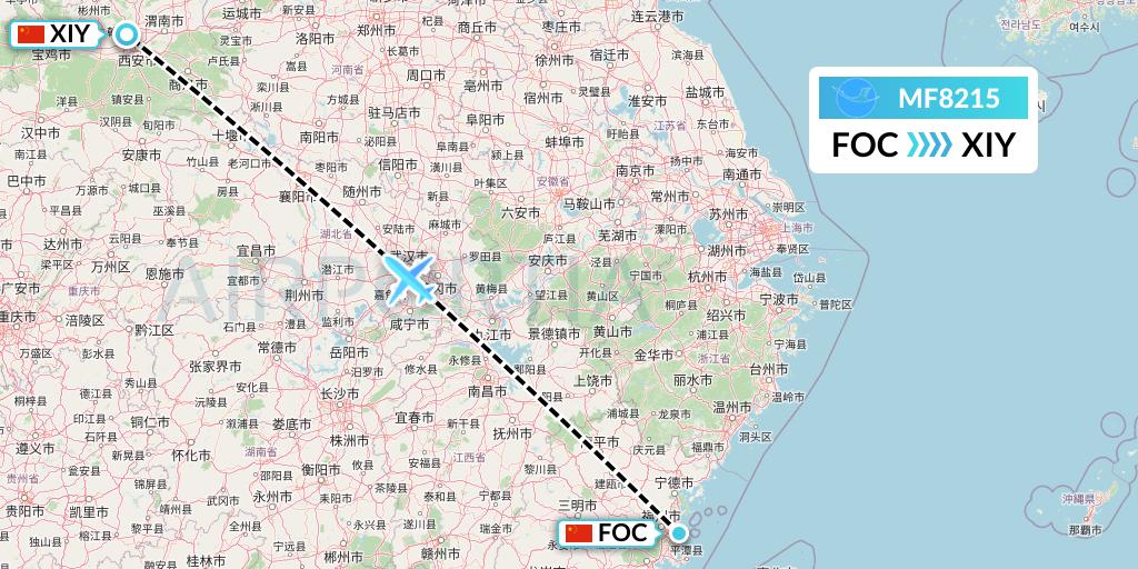 MF8215 Xiamen Airlines Flight Map: Fuzhou to Xi'an