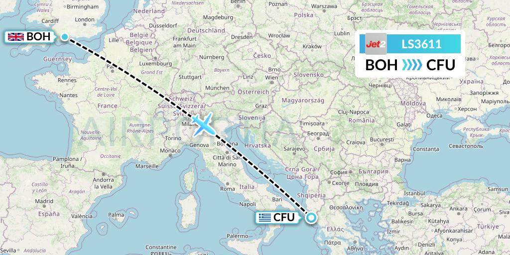 LS3611 Jet2 Flight Map: Bournemouth to Corfu
