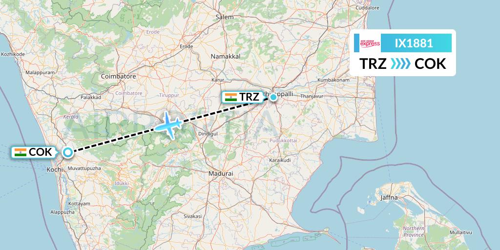 IX1881 Air India Express Flight Map: Tiruchirapalli to Cochin