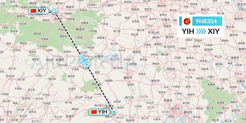 9H8354 Air Changan Flight Map: Yichang to Xi'an