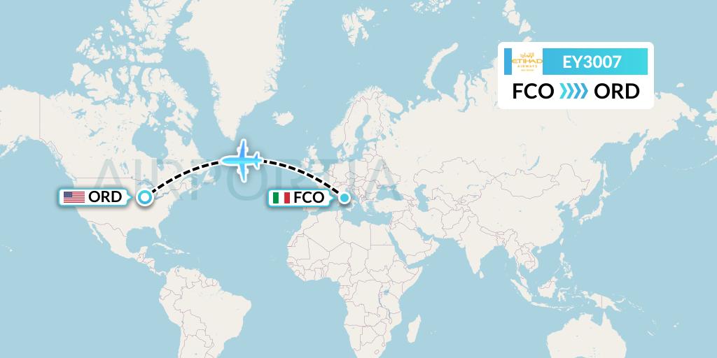 EY3007 Etihad Airways Flight Map: Rome to Chicago