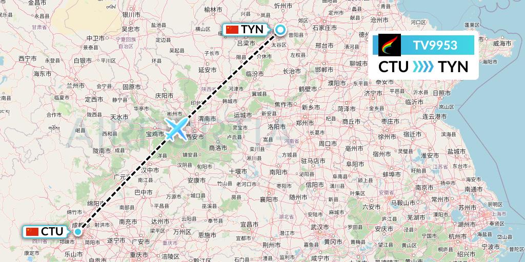 TV9953 Tibet Airlines Flight Map: Chengdu to Taiyuan