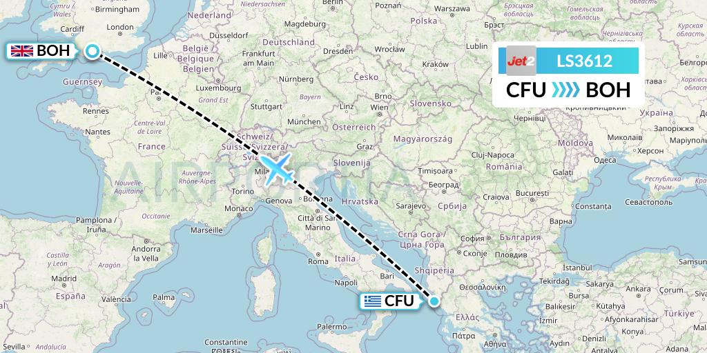 LS3612 Jet2 Flight Map: Corfu to Bournemouth