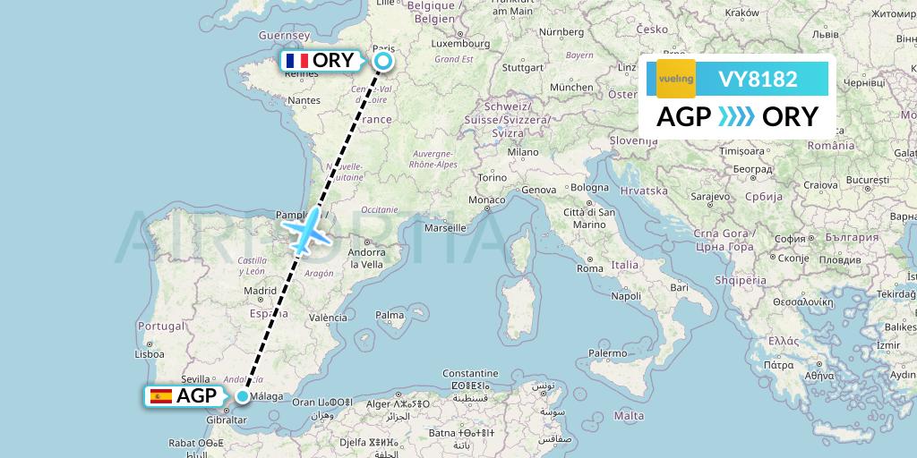VY8182 Vueling Flight Map: Malaga to Paris