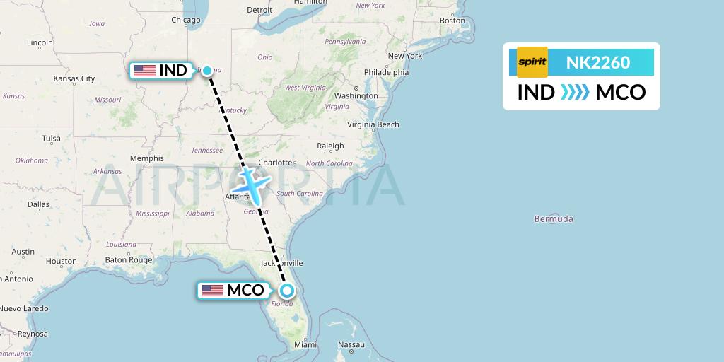 NK2260 Spirit Airlines Flight Map: Indianapolis to Orlando