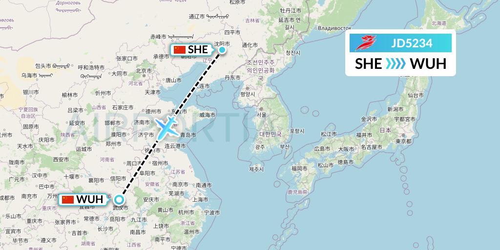 JD5234 Capital Airlines Flight Map: Shenyang to Wuhan