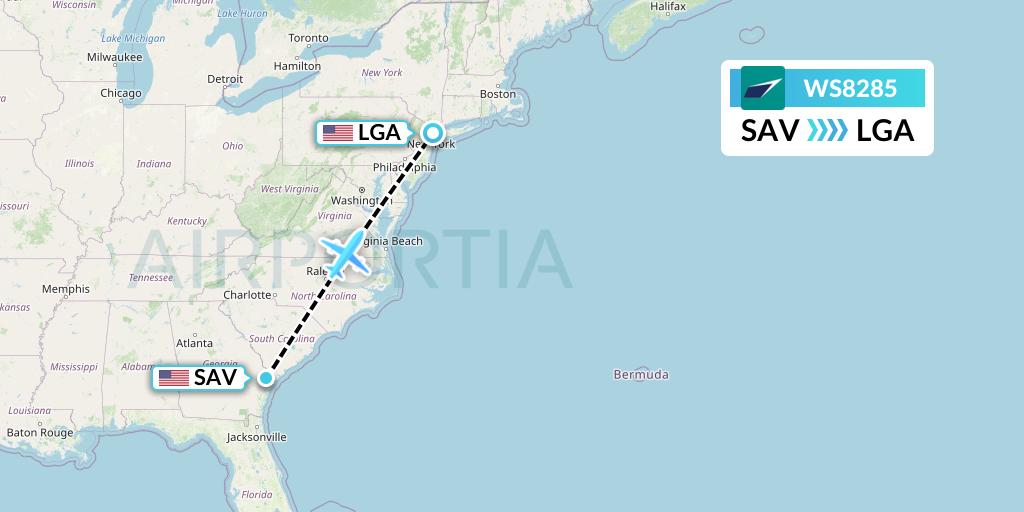 WS8285 WestJet Flight Map: Savannah to New York
