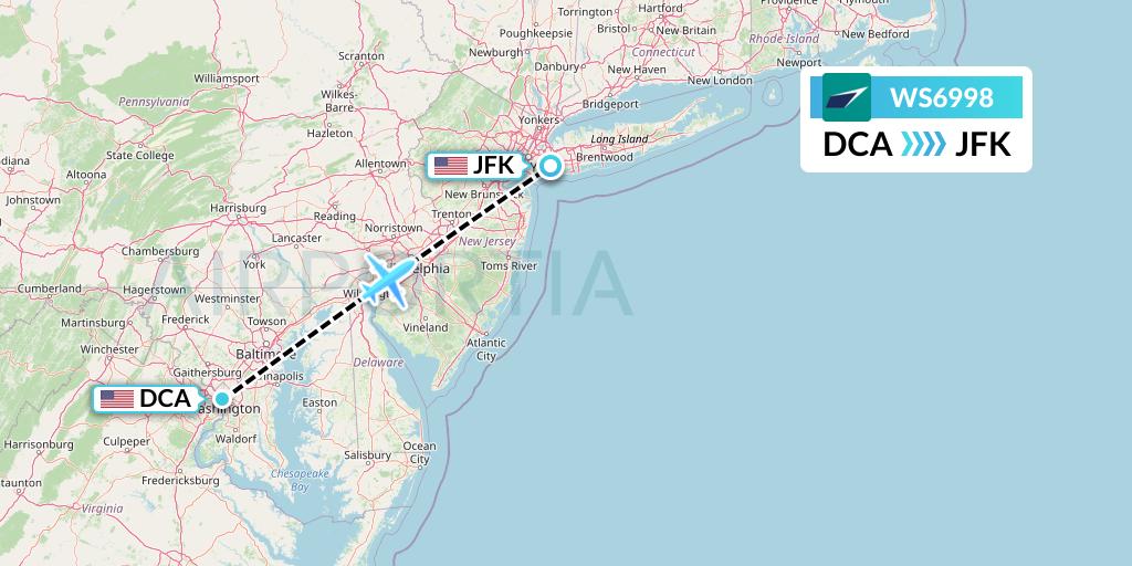 WS6998 WestJet Flight Map: Washington to New York