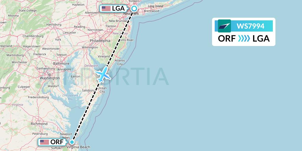 WS7994 WestJet Flight Map: Norfolk to New York