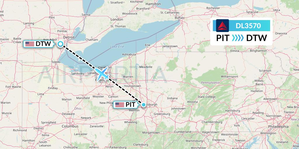 DL3570 Delta Air Lines Flight Map: Pittsburgh to Detroit