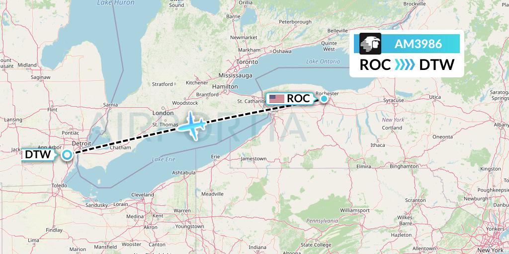 AM3986 Aeromexico Flight Map: Rochester to Detroit