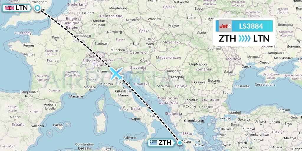 LS3884 Jet2 Flight Map: Zakynthos to London