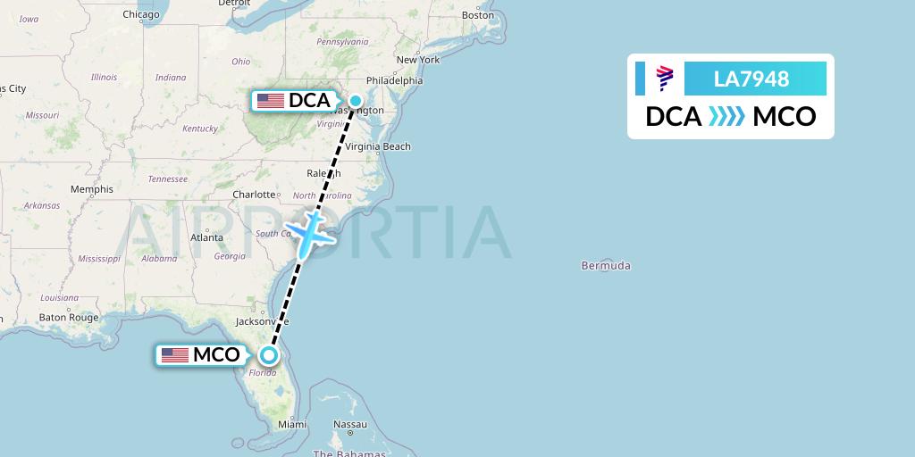 LA7948 LAN Airlines Flight Map: Washington to Orlando